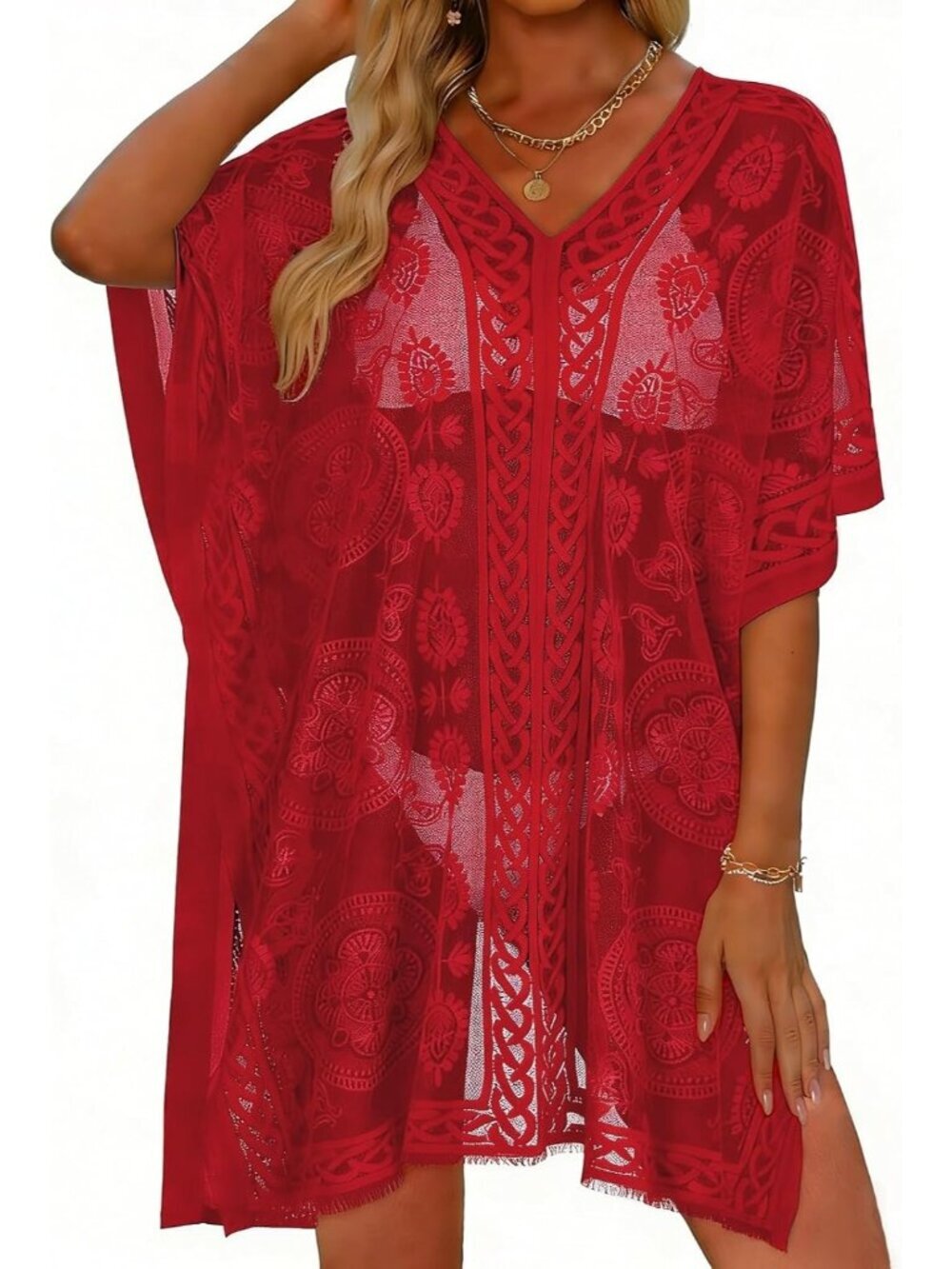 〽️Women Bright Red V Neck Beach Loose Bikini Lace Bathing Suit Polyester CoverUp